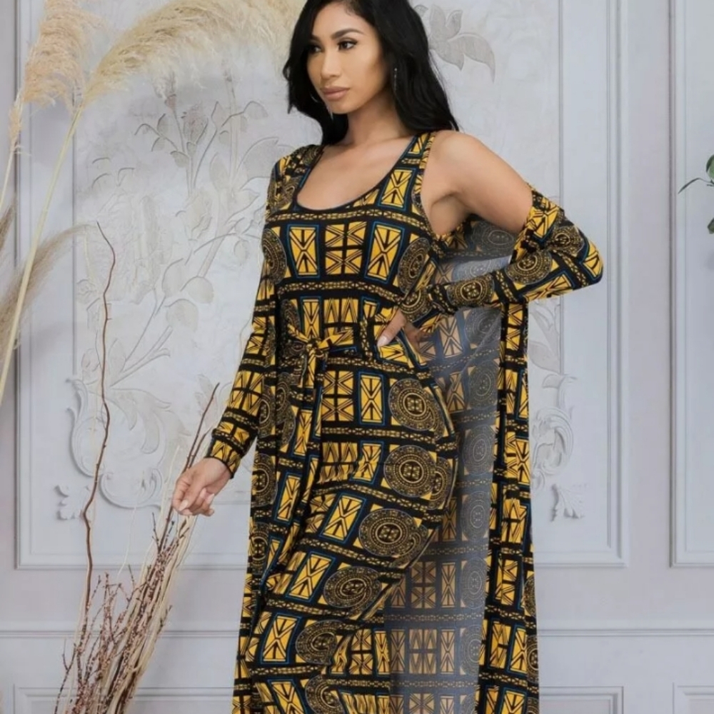 Gold & Black Midi Dress & Duster Cardigan Outfit 2-Piece Set